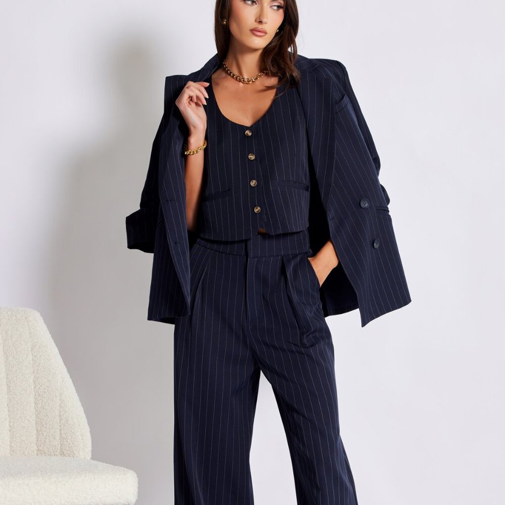NWT Bishop + Young Precious Moments Madison Ruched Sleeve Navy Pinstripe Blazer